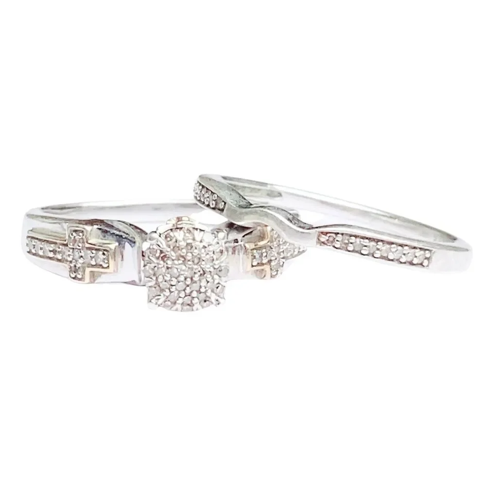 Bridal Set Wedding Engagement Cross Round Diamond Ring Sz 6.75